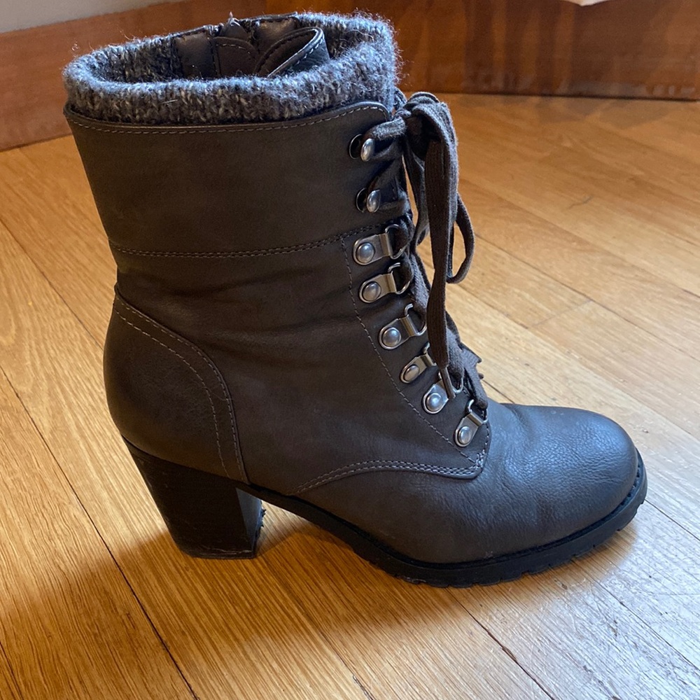 Gray Leather Heeled Combat Boots